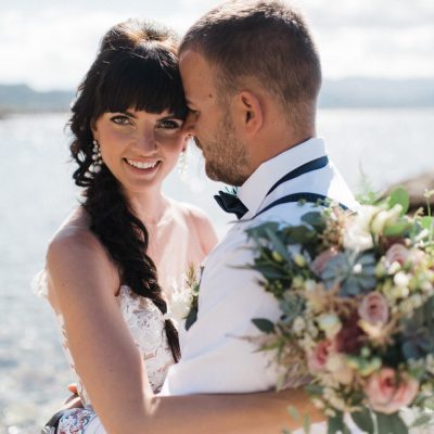 bride and groom at seaside wedding in Crete