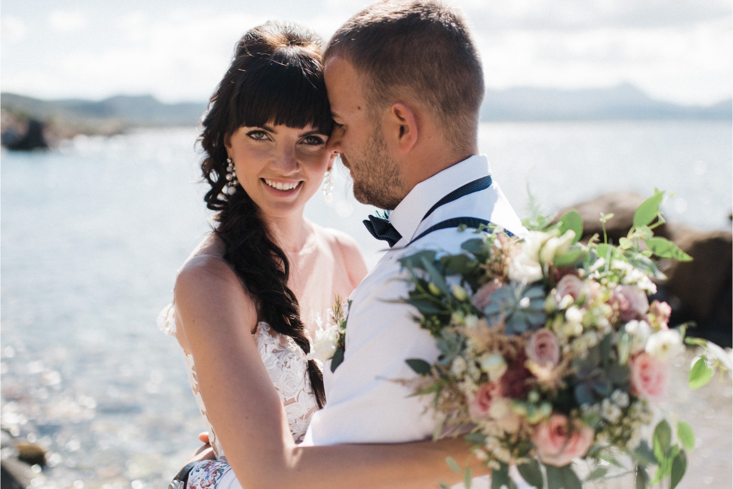 bride and groom at seaside wedding in Crete