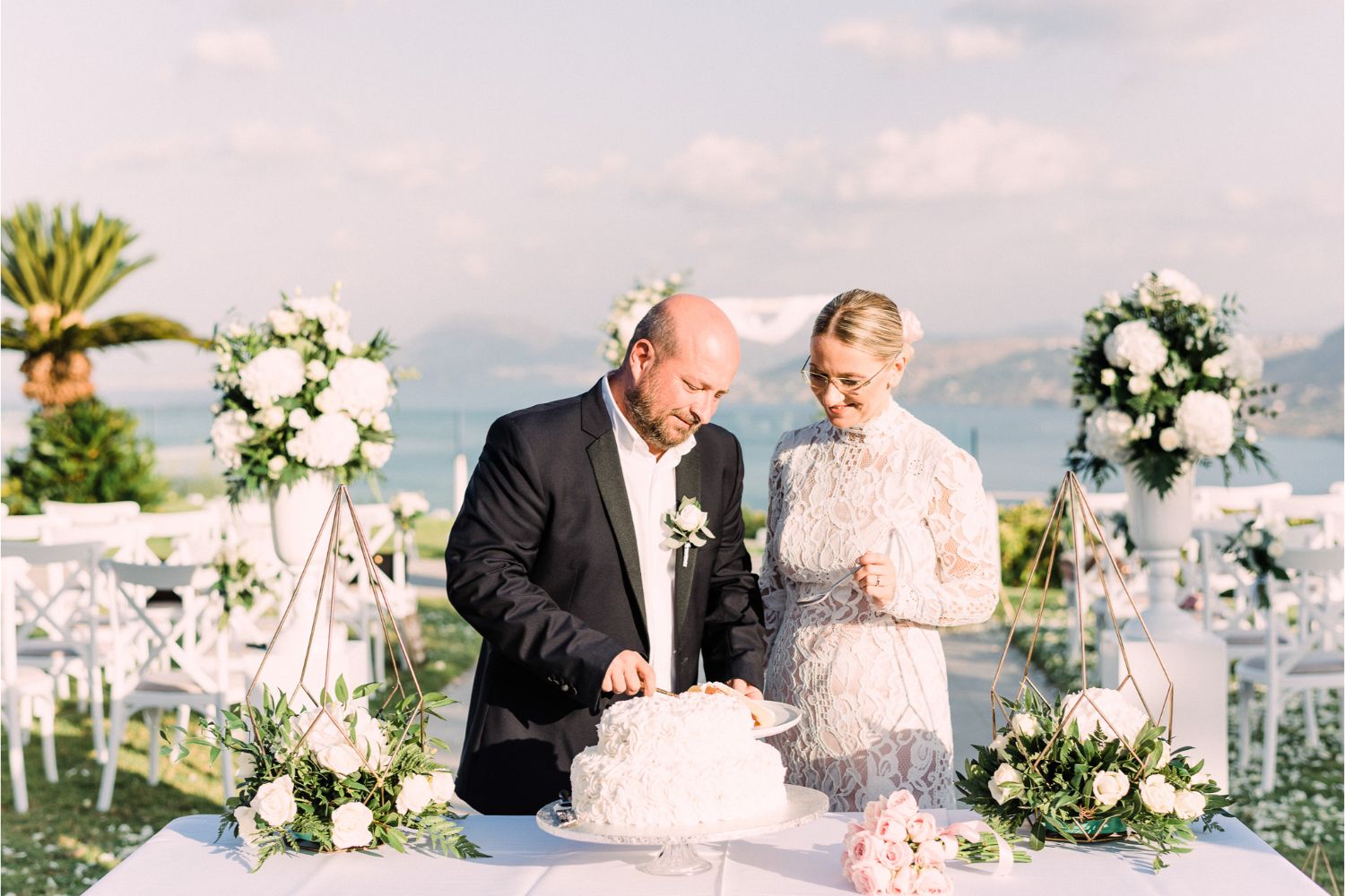 cake cutting after wedding ceremony in