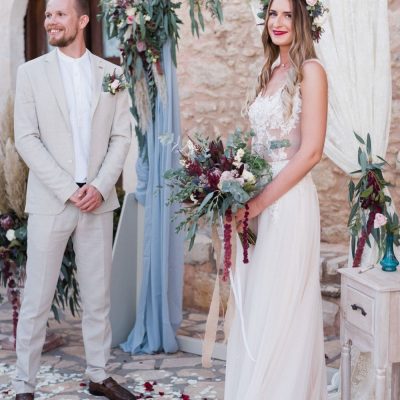 boho wedding ceremony at villa wedding in Crete