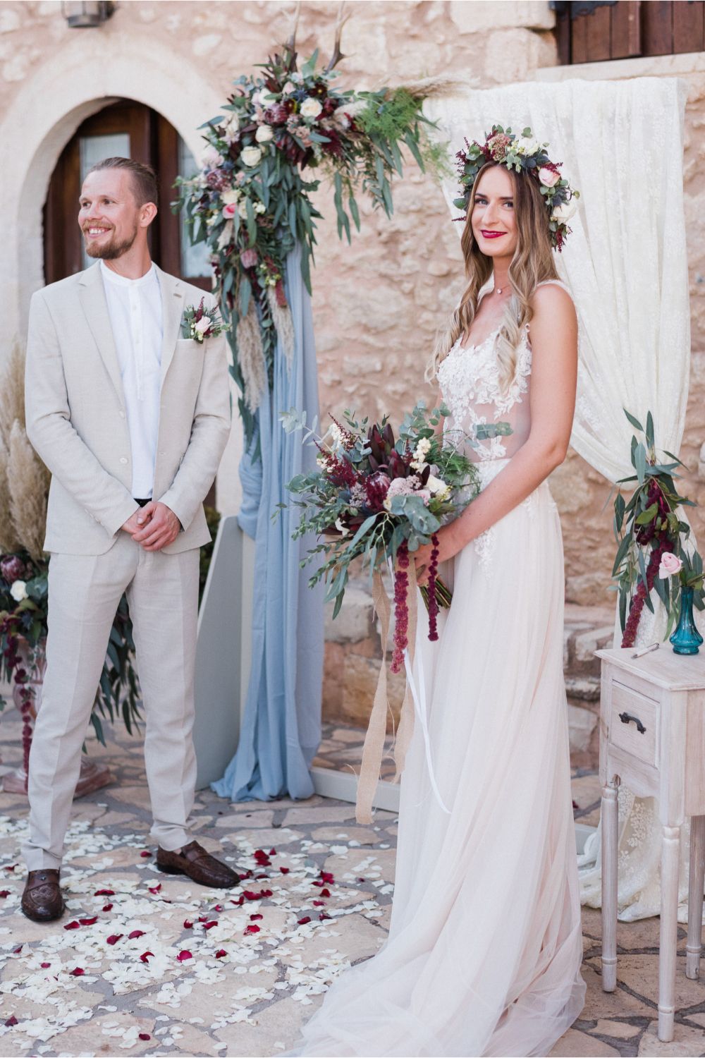 boho wedding ceremony at villa wedding in Crete