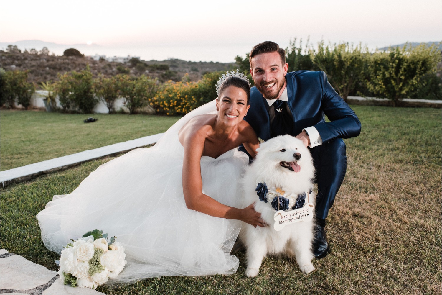 newlyweds & ring bearer at villa wedding in Crete