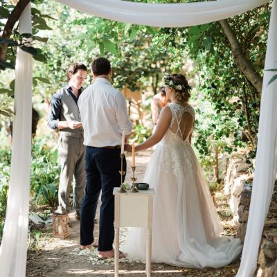 ceremony setup at garden elopement in Crete