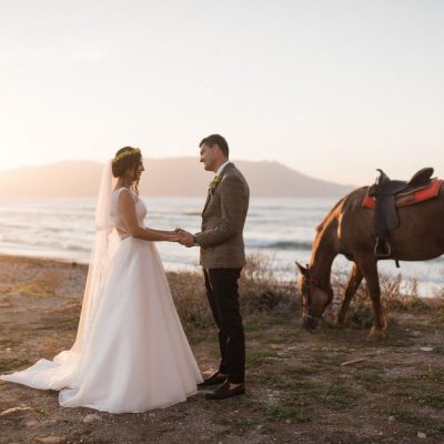 newlyweds photoshoot with horses on the beach