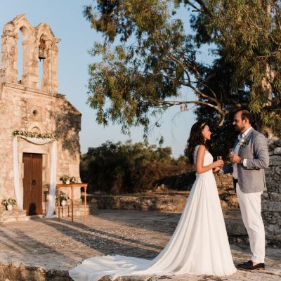 newlyweds at elopement in Greek chapel in Crete