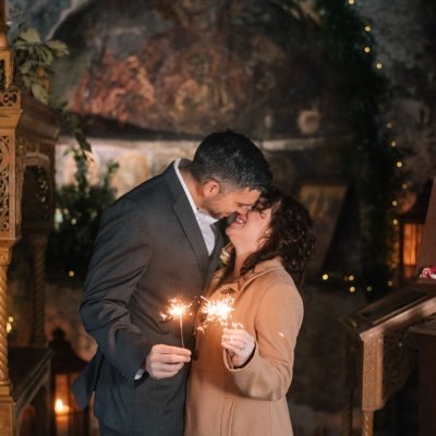 sparklers and kiss at vow renewal in Crete