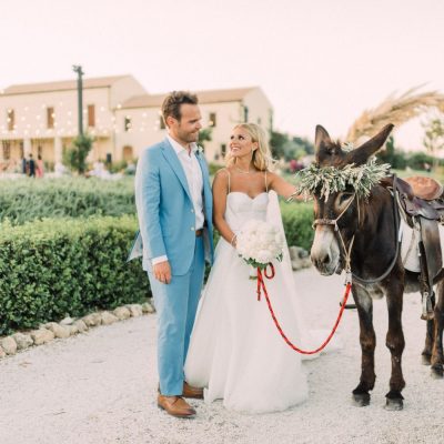 newlyweds & Cretan donkey at estate wedding