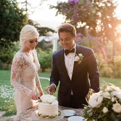 cake cutting at winery elopement in Crete