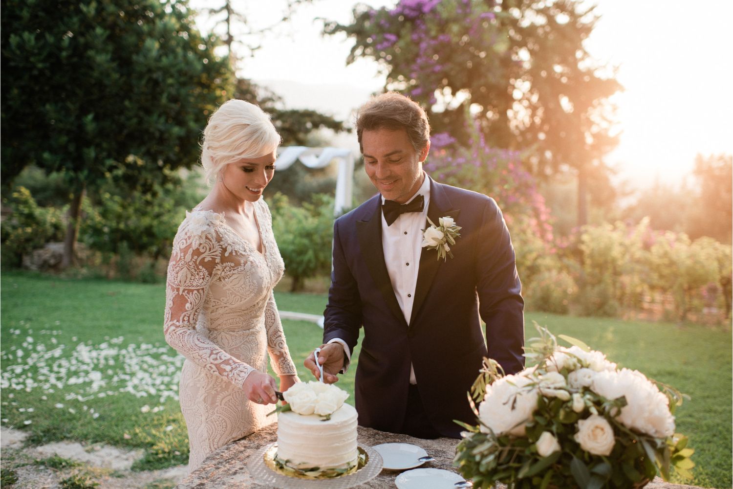 cake cutting at winery elopement in Crete