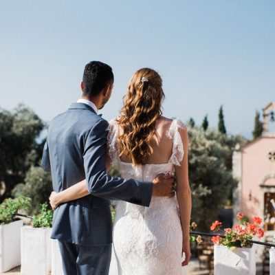 bride & groom at rustic wedding in Crete