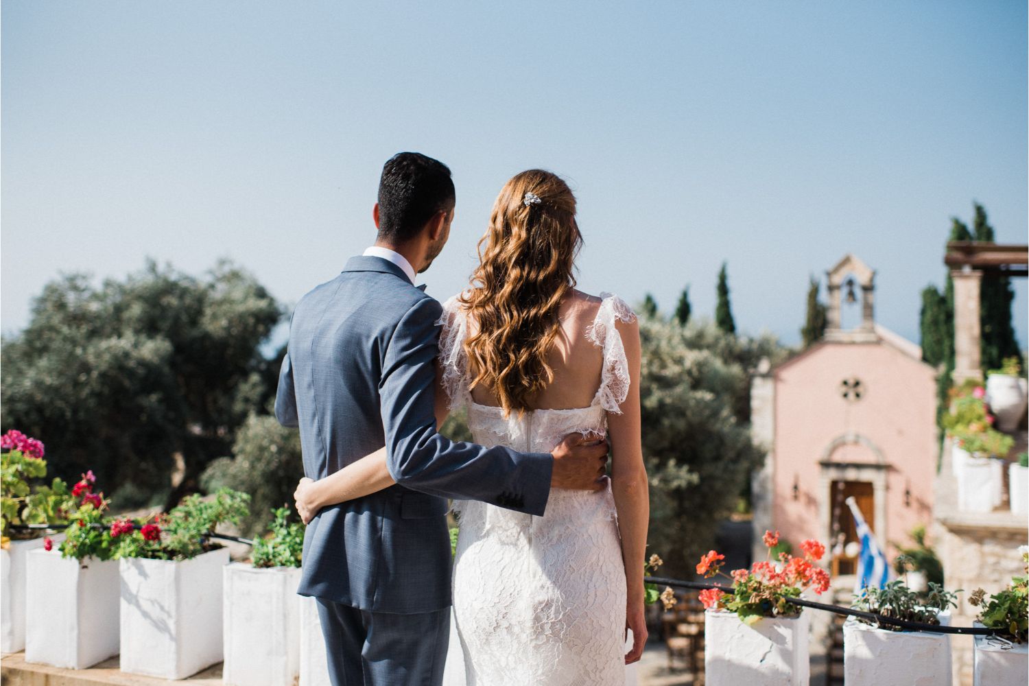 bride & groom at rustic wedding in Crete