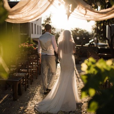 newlyweds walking up the aisle at winery wedding in Crete