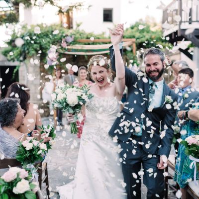 confetti moment at winery wedding ceremony in Crete